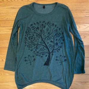y2k gothic dark green long sleeve knit top w/ rhinestone black tree graphic